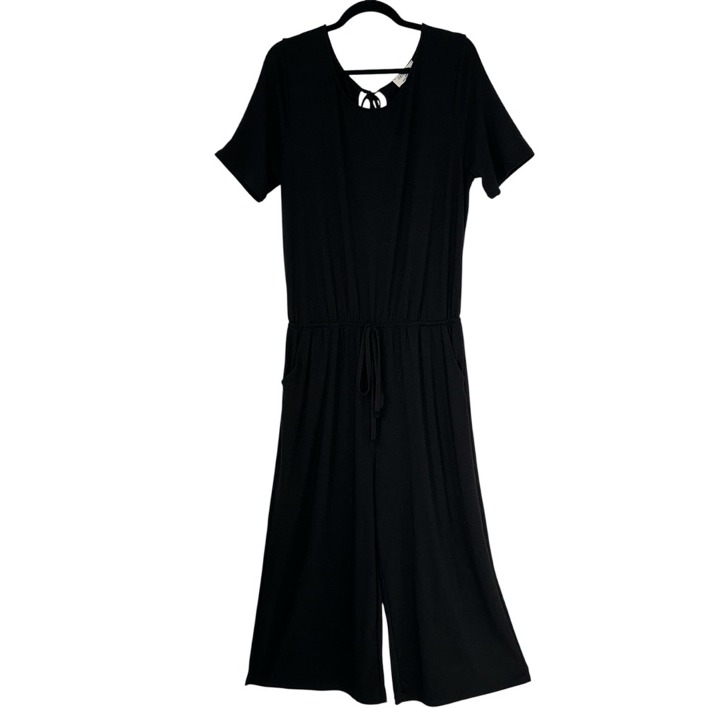 ZENANA Black Knit Short Sleeve Jumpsuit Size Wide Leg Culotte Tie Waist PLUS 1X